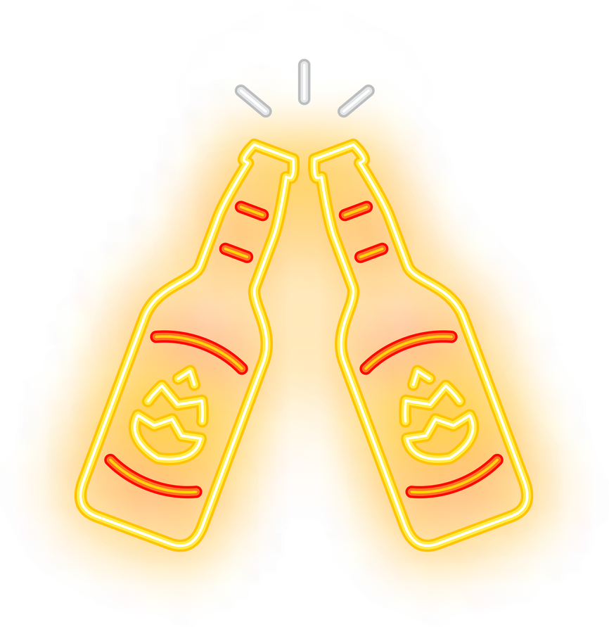 Clinking bottles neon sign. Luminous signboard with toasting bottles. Night bright advertisement. Illustration in neon style for Oktoberfest festival, party, pub